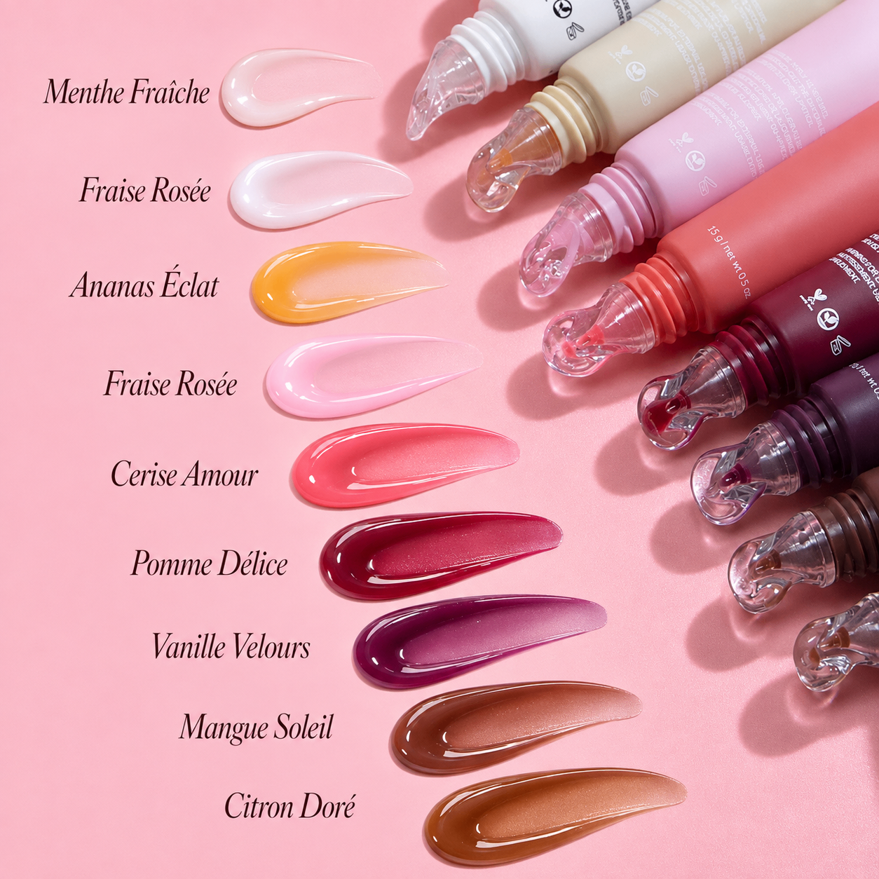 Crème Brillante peptide lip serum collection — nine glossy shades with swatches